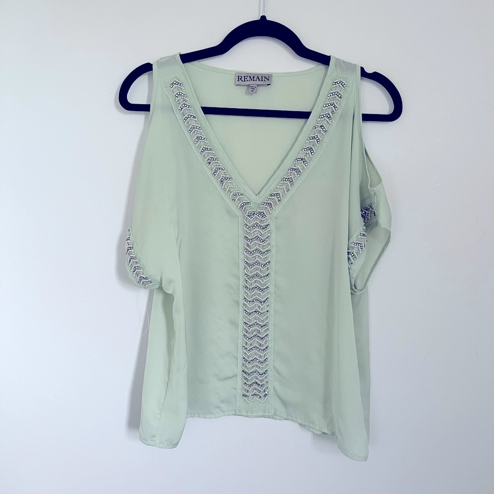 Nordstrom Green beaded blouse with open shoulders